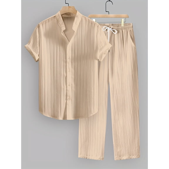 Men's 2 Piece Outfits Casual Beach Short Sleeve Button Down Shirts Loose Pant Sets Summer Vacation Walking Outfits Beige L