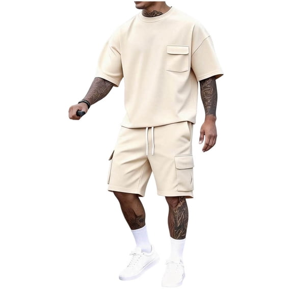 Men's 2 Piece Outfits Casual Oversized Tracksuit Cargo Shorts Muti Pocket Summer Athletic Drop Shoulder Sleeve Joggers Sportwear Set Big and Tall Size S-3XL Khaki