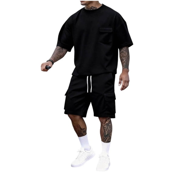 Men's 2 Piece Outfits Casual Oversized Tracksuit Cargo Shorts Muti Pocket Summer Athletic Drop Shoulder Sleeve Joggers Sportwear Set Big and Tall Size S-3XL Black