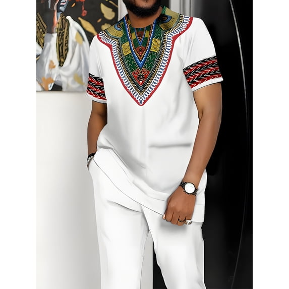 Men's 2 Piece Outfits Colorblock Crewneck Short Sleeve Tee Elastic Waist Pants Set Tracksuits Multicolor XL