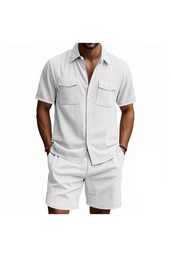 Men's 2 Piece Outfits Corduroy Casual Short Sleeve Shirt Shorts Sets Summer Fashion Tracksuits with Pockets Size 3XL White