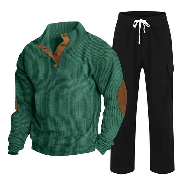 Men's 2 Piece Outfits Corduroy Quarter Button Lapel Neck Sweatshirt Tracksuit & Cargo Sweatpants Sweatsuit Set