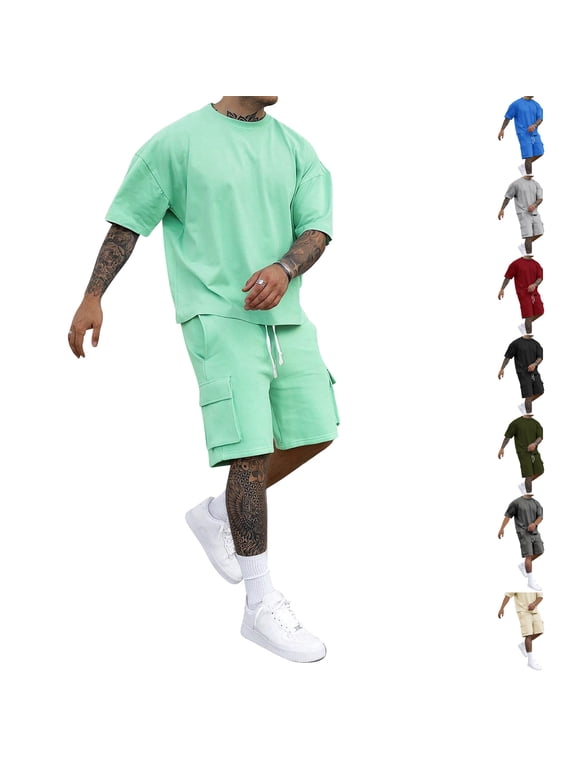 Men's 2 Piece Outfits Drop Shoulder Tee Shirt Shorts Set | Men Clothing Sets Outfit, 2 Piece Set, 2 Pockets, Oversize, Athletic, Jogging,Tracksuit, Vacation Set, Men Short Sets, L