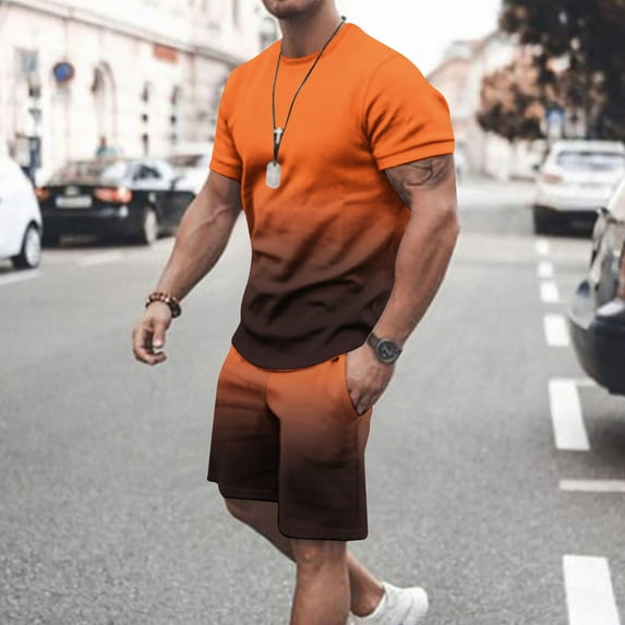 Men's 2 Piece Outfits Gradient Color Short Sleeve T Shirt and Shorts Set with Pockets