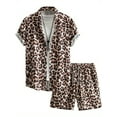 thumbnail image 1 of Men's 2 Piece Outfits Leopard Print Outfit Button Up Short Sleeve Shirt and Drawstring Shorts Set, 1 of 6
