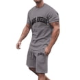 thumbnail image 1 of Men's 2 Piece Outfits Letter Graphics Drop Shoulder Crewneck Tee Shirt Shorts Set Athletic Jogging Summer Cotton Tracksuit Size 3XL Dark Gray, 1 of 4