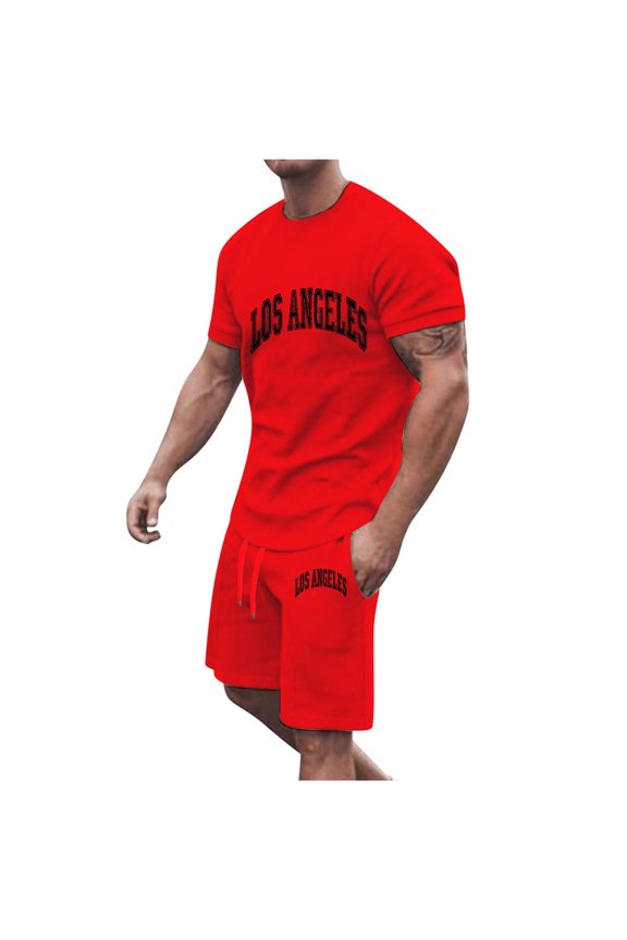 Men's 2 Piece Outfits Letter Graphics Drop Shoulder Crewneck Tee Shirt Shorts Set Athletic Jogging Summer Cotton Tracksuit Size 3XL Red