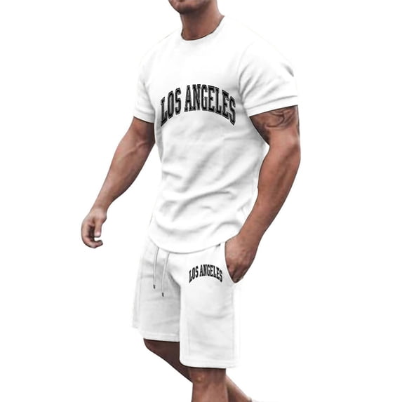 Men's 2 Piece Outfits Letter Graphics Drop Shoulder Crewneck Tee Shirt Shorts Set Athletic Jogging Summer Cotton Tracksuit Size 3XL White