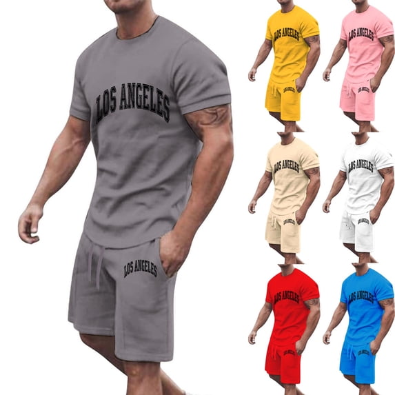 Men's 2 Piece Outfits Letter Graphics Drop Shoulder Crewneck Tee Shirt Shorts Set Athletic Jogging Summer Cotton Tracksuit Size 3XL Yellow