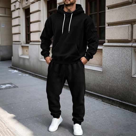 Men's 2 Piece Outfits Long Sleeve Hoodies and Jogger Pants Solid Color Winter Casual Tracksuit Sets Vacation Travel Outfits