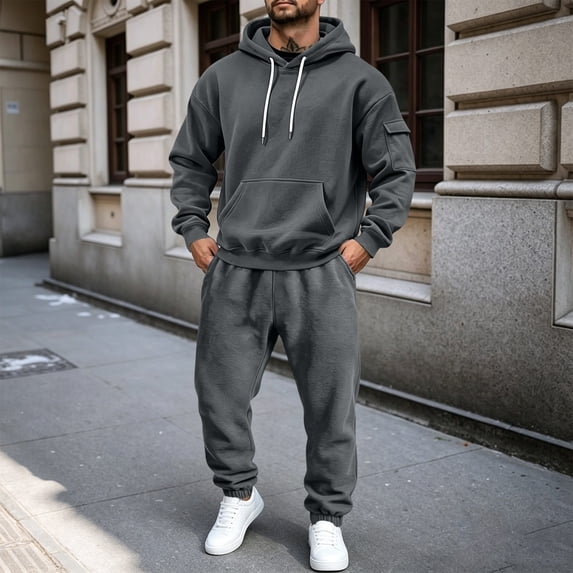 Men's 2 Piece Outfits Long Sleeve Hoodies and Jogger Pants Solid Color Winter Casual Tracksuit Sets Vacation Travel Outfits