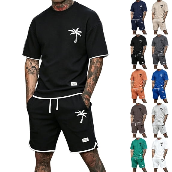 Men's 2 Piece Outfits Set Summer Comfy Crewneck Oversized Short Sleeve Shirts Shorts Casual Clothing Dark Gray L
