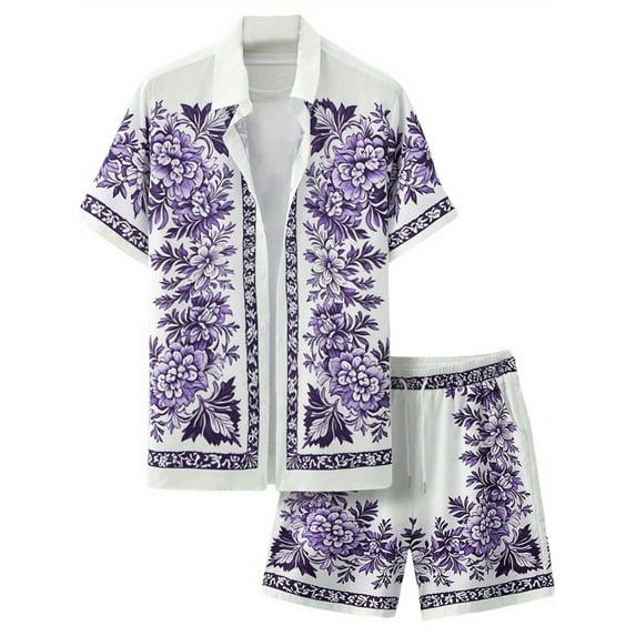 Men's 2 Piece Outfits Short Sleeve Button Up Vintage Shirts and Elastic Waist Shorts Retro Floral Print Shirt and Shorts Set