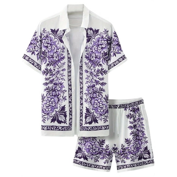 Men's 2 Piece Outfits Short Sleeve Button Up Vintage Shirts and Elastic Waist Shorts Retro Floral Print Shirt and Shorts Set