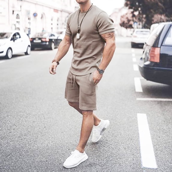 Men's 2 Piece Outfits Short Sleeve Crewneck Summer T Shirt and Drawstring Casual Track Shorts Set Khaki