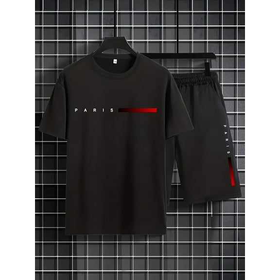 Men's 2 Piece Outfits Sport Activewear Tracksuit Letter Print Short Sleeve Pullover Set Crew Neck Tops Bottoms Casual Mens t Shirt Suit Sweatshirt and Joggers Loungewear Black S