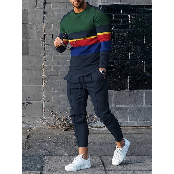 Men's 2 Piece Outfits Sport Activewear Tracksuit Long Sleeve Pullover Set Crew Neck Tops Bottoms Casual Mens t Shirt Suit Sweatshirt and Joggers Loungewear Multicolor M