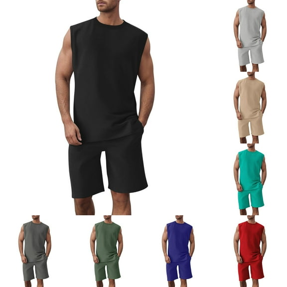 Men's 2 Piece Outfits Summer Sleeveless Vest and Casual Track Shorts Set Sports Suit Two Piece Set Summer Shirt and Shorts Set