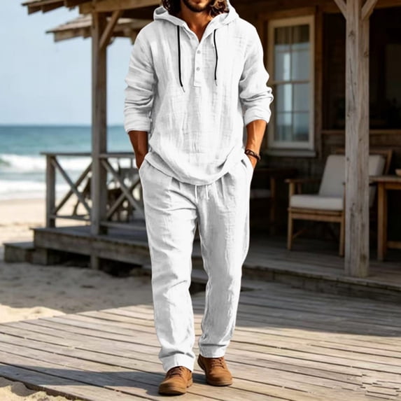 Men's 2 Piece Outfits Textured Button Long Sleeve Shirt Drawstring Waist Loose Pants Set Tracksuits Vacation Outfit White XXXL