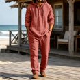 thumbnail image 1 of Men's 2 Piece Outfits Textured Button Long Sleeve Shirt Drawstring Waist Loose Pants Set Tracksuits Vacation Outfit Wine S, 1 of 6