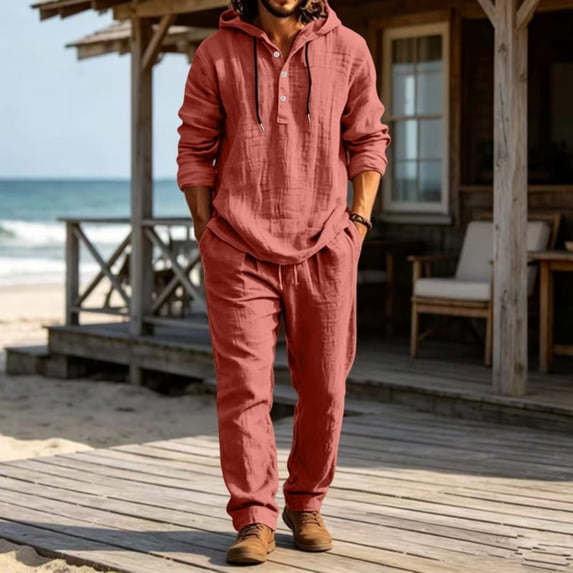 Men's 2 Piece Outfits Textured Button Long Sleeve Shirt Drawstring Waist Loose Pants Set Tracksuits Vacation Outfit Wine S