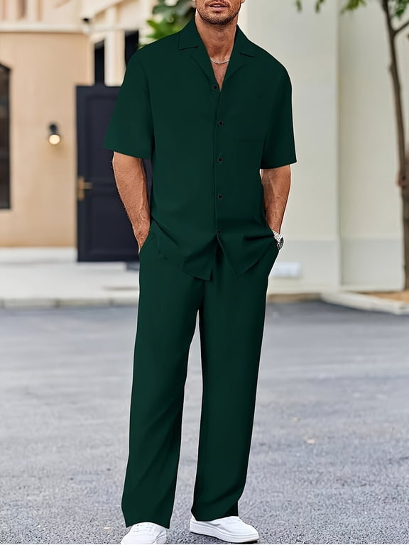 Men's 2 Piece Outfits Textured Button Short Sleeve Shirt Drawstring Waist Loose Pants Set Tracksuits Vacation Outfit Army Green L