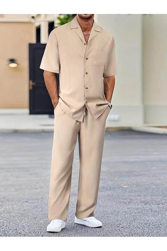 Men's 2 Piece Outfits Textured Button Short Sleeve Shirt Drawstring Waist Loose Pants Set Tracksuits Vacation Outfit Beige L