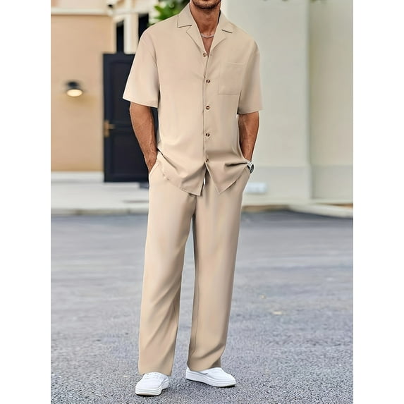 Men's 2 Piece Outfits Textured Button Short Sleeve Shirt Drawstring Waist Loose Pants Set Tracksuits Vacation Outfit Beige XXL