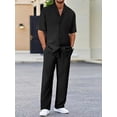 thumbnail image 1 of Men's 2 Piece Outfits Textured Button Short Sleeve Shirt Drawstring Waist Loose Pants Set Tracksuits Vacation Outfit Black L, 1 of 6