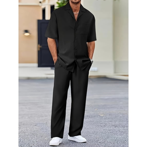 Men's 2 Piece Outfits Textured Button Short Sleeve Shirt Drawstring Waist Loose Pants Set Tracksuits Vacation Outfit Black L