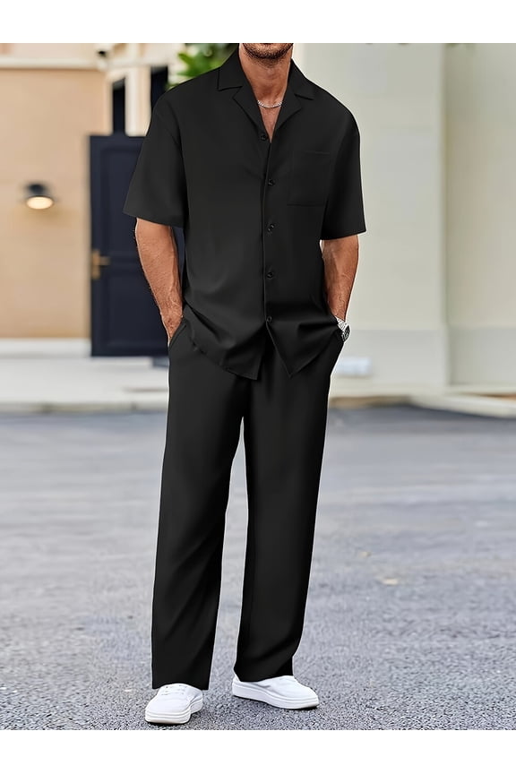 Men's 2 Piece Outfits Textured Button Short Sleeve Shirt Drawstring Waist Loose Pants Set Tracksuits Vacation Outfit Black XXL