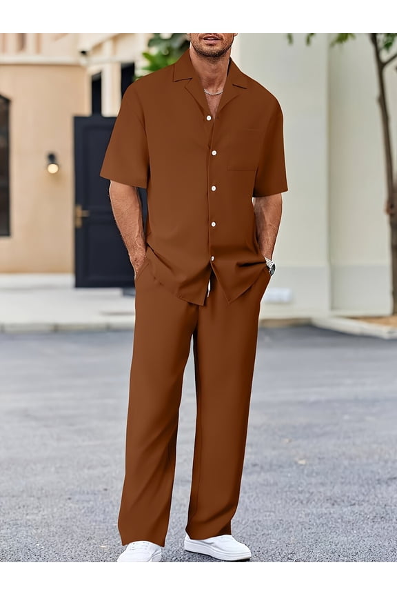 Men's 2 Piece Outfits Textured Button Short Sleeve Shirt Drawstring Waist Loose Pants Set Tracksuits Vacation Outfit Brown L