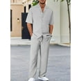 thumbnail image 1 of Men's 2 Piece Outfits Textured Button Short Sleeve Shirt Drawstring Waist Loose Pants Set Tracksuits Vacation Outfit Gray 3XL, 1 of 5