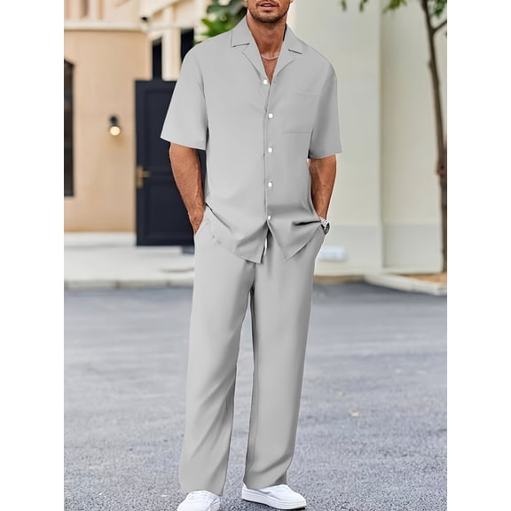 Men's 2 Piece Outfits Textured Button Short Sleeve Shirt Drawstring Waist Loose Pants Set Tracksuits Vacation Outfit Gray XXL