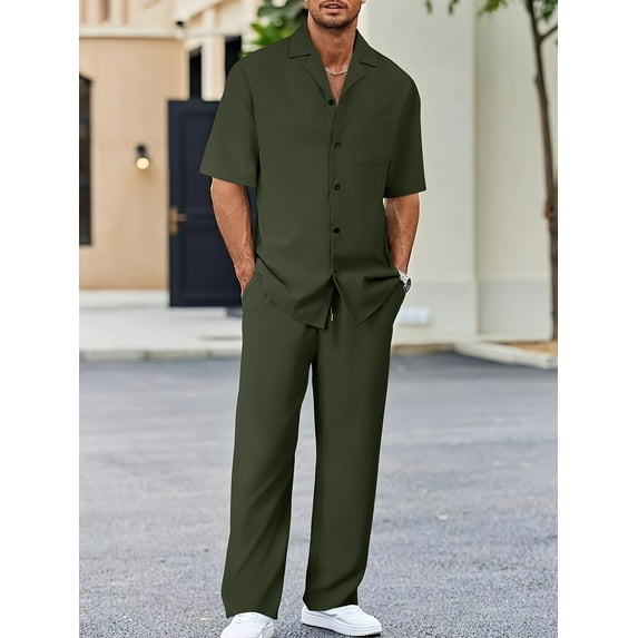 Men's 2 Piece Outfits Textured Button Short Sleeve Shirt Drawstring Waist Loose Pants Set Tracksuits Vacation Outfit Green A L