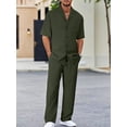 thumbnail image 1 of Men's 2 Piece Outfits Textured Button Short Sleeve Shirt Drawstring Waist Loose Pants Set Tracksuits Vacation Outfit Green A M, 1 of 5