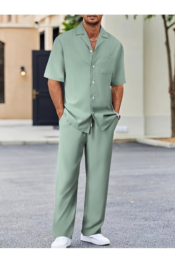 Men's 2 Piece Outfits Textured Button Short Sleeve Shirt Drawstring Waist Loose Pants Set Tracksuits Vacation Outfit Green XL