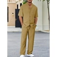 thumbnail image 1 of Men's 2 Piece Outfits Textured Button Short Sleeve Shirt Drawstring Waist Loose Pants Set Tracksuits Vacation Outfit Khaki XXL, 1 of 6