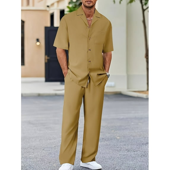 Men's 2 Piece Outfits Textured Button Short Sleeve Shirt Drawstring Waist Loose Pants Set Tracksuits Vacation Outfit Khaki XXL