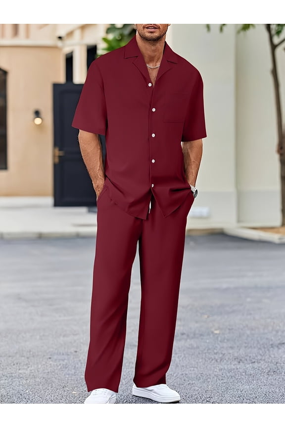 Men's 2 Piece Outfits Textured Button Short Sleeve Shirt Drawstring Waist Loose Pants Set Tracksuits Vacation Outfit Wine XL