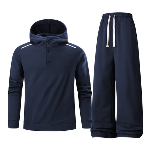 Men's 2 Piece Outfits Tracksuit Fleece Lined 1/4 Button Pullover Hoodies Elastic Waist Wide Leg Pants Sweatsuit Set (L, Blue)