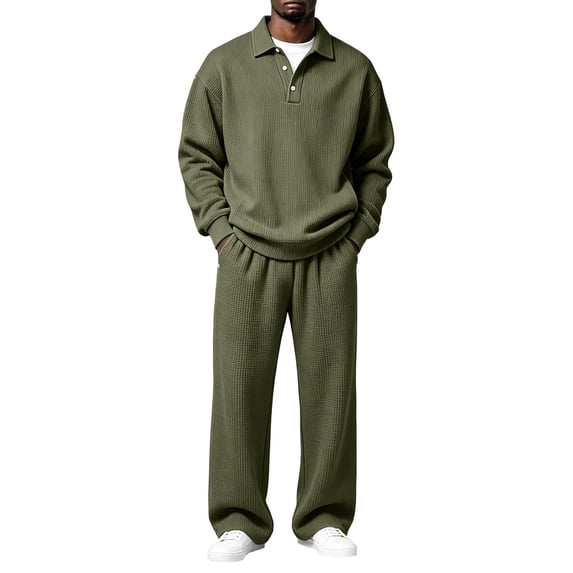 Men's 2 Piece Oversized Tracksuit Waffle Quarter Button Polo Shirts & Wide Leg Sweatpant Fall Fashion Matching Sets 3XL