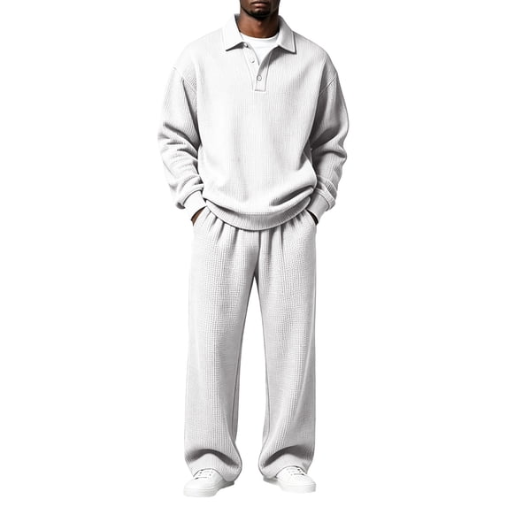 Men's 2 Piece Oversized Tracksuit Waffle Quarter Button Polo Shirts & Wide Leg Sweatpant Fall Fashion Matching Sets L