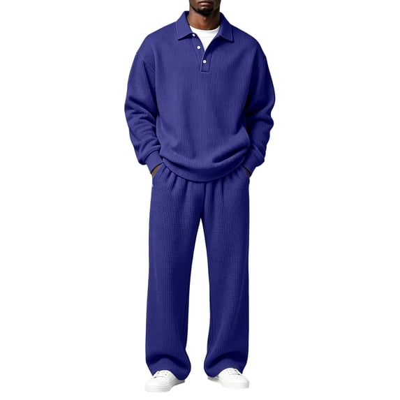 Men's 2 Piece Oversized Tracksuit Waffle Quarter Button Polo Shirts & Wide Leg Sweatpant Fall Fashion Matching Sets S