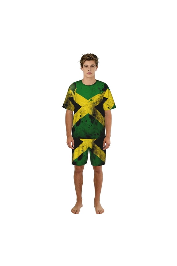 Men's 2 Piece Pajama Set Loungewear Short Sleeve Tee Top and Shorts Set, Jamaican Flag Vintage