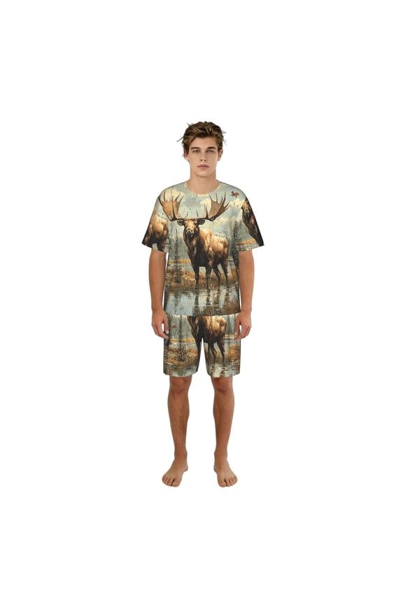 Men's 2 Piece Pajama Set Loungewear Short Sleeve Tee Top and Shorts Set, Moose Vintage