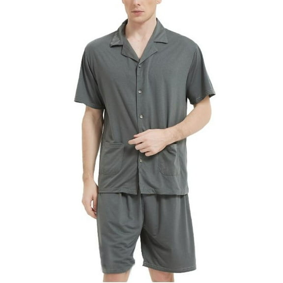 Men's 2 Piece Pajama Set Modal Lounge Set Pockets Button Up Short Sleeve Shorts Set Soft Summer Sleepwear Comfy Collared Grey Large