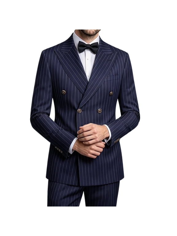 Men's 2 Piece Pinstripe Suit Set, Double Breasted Blazer & Dress Pants with Free Black Bow Tie for Wedding Party