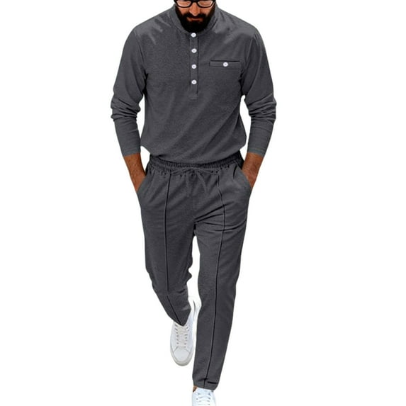 Men's 2 Piece Plaid Jacquard Track Suit - Quarter Button Polo Sweatshirt & Jogger Pants Set,Dark Gray,X-Large
