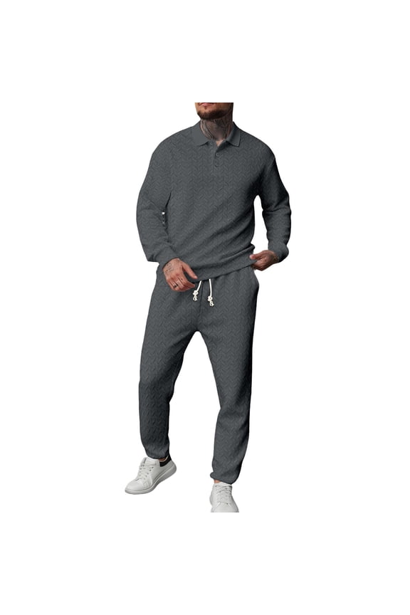 Men's 2 Piece Plaid Jacquard Track Suit - Quarter Button Polo Sweatshirt & Jogger Pants Set,Gray,X-Large